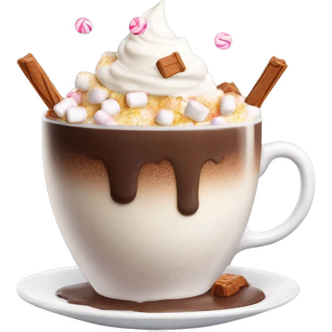 A cup of very hot hot chocolate with marshmallows, whipped cream and small candies on the top emoji