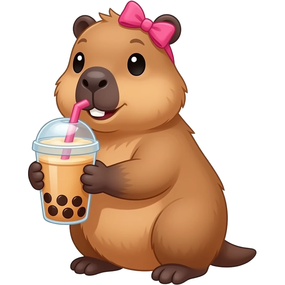 A capybara with pink bow and boba tea emoji