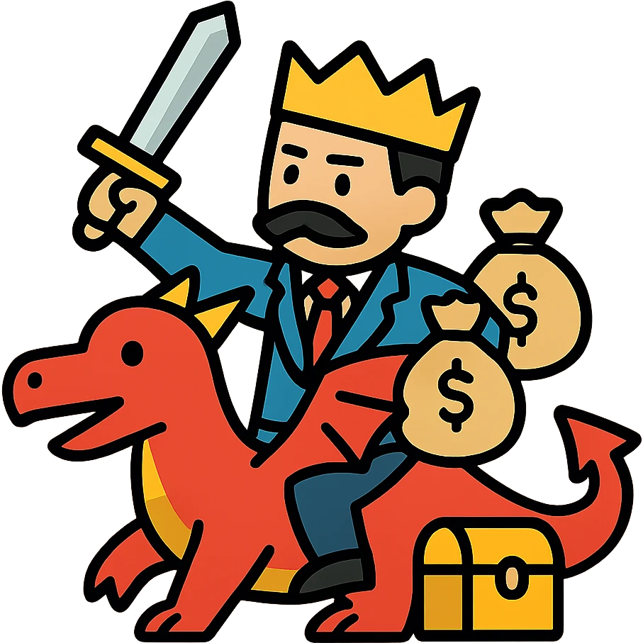 Red dragon-riding business warrior with sword and gold crown. Fantasy RPG style merchant king with money bags and treasure. emoji