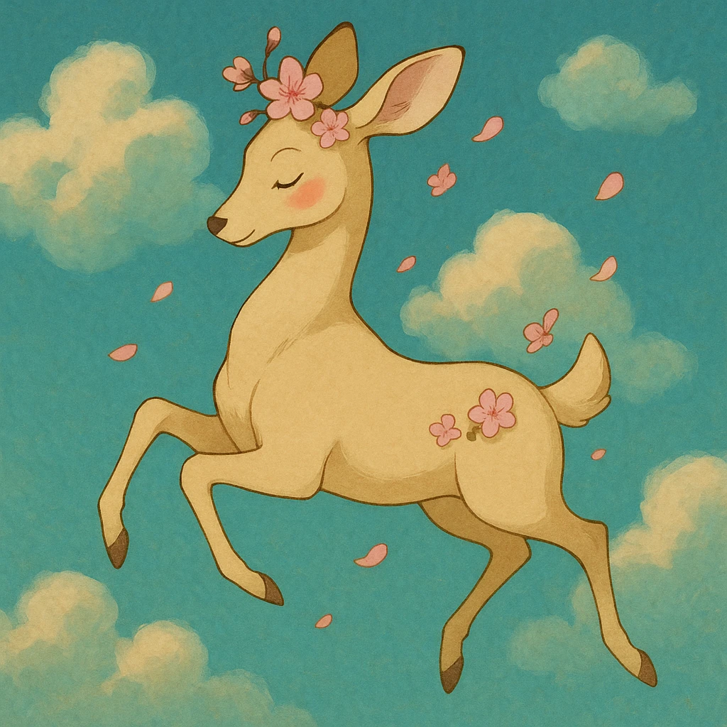 feminine adult vanilla cloud doe with rosy cheeks and cherry flowers, floating gracefully in a dreamy Ghibli-Pixar style emoji