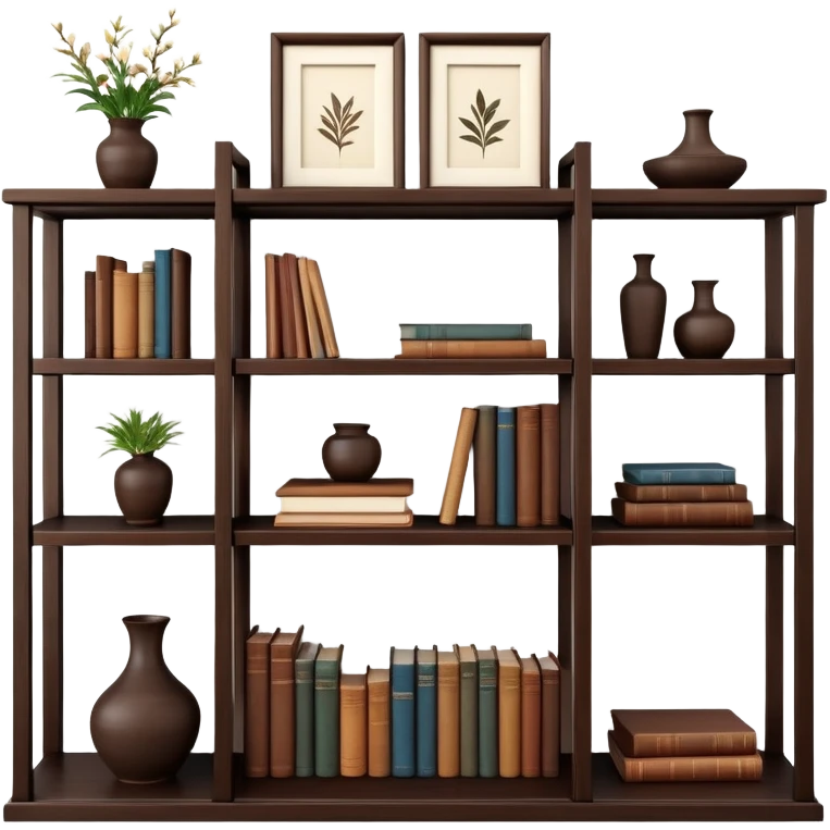 Wooden shelving unit with books and decorative items emoji