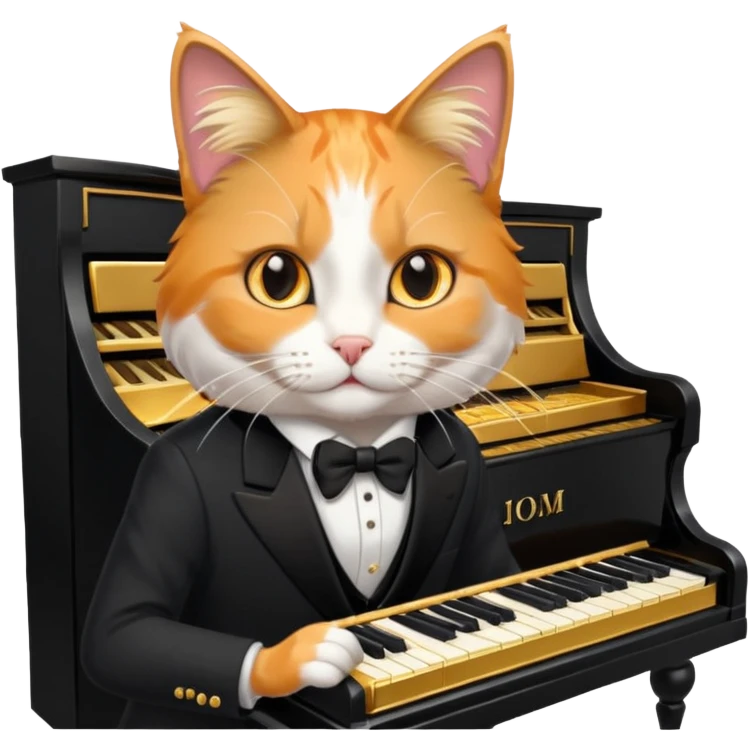 calico cat play gold piano, wear black suit, portrait emoji