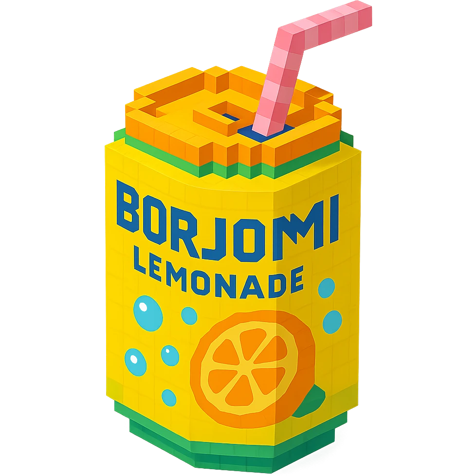 Borjomi lemonade can with a playful design, including bubbles and a straw emoji