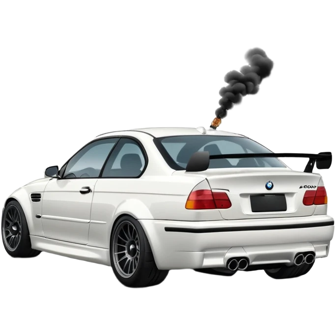 

A white BMW M3 E46, seen from behind at a certain angle, is drifting through a corner; the wheels are not straight, they are changing according to the rotation of the drift. emoji