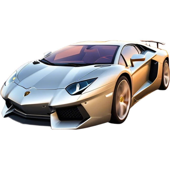 Lamborghini Aventador speeding down Sunset Avenue at dusk, headlights blazing. The sky glows in warm sunset hues, reflecting off the sleek car. Motion blur emphasizes speed, with palm trees and city lights in the background. Transparent background. emoji