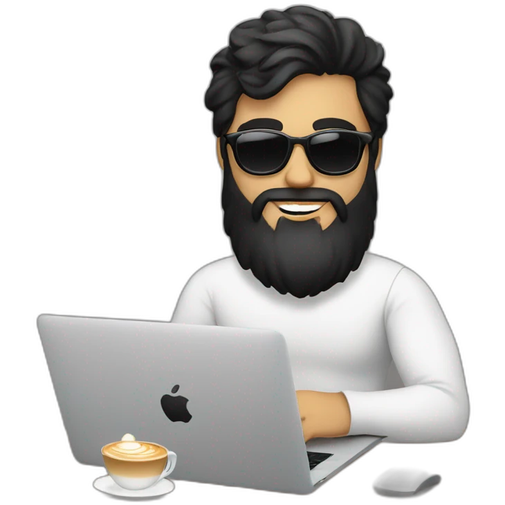 Designer with black hair, beard and round sunglasses working with MacBook and drinking cappuccino  emoji