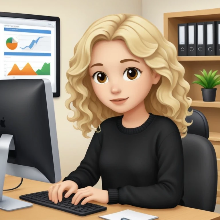 pretty brown-eyed blonde young woman with wavy hair, wearing a black sweater, working on a computer in a cozy office emoji