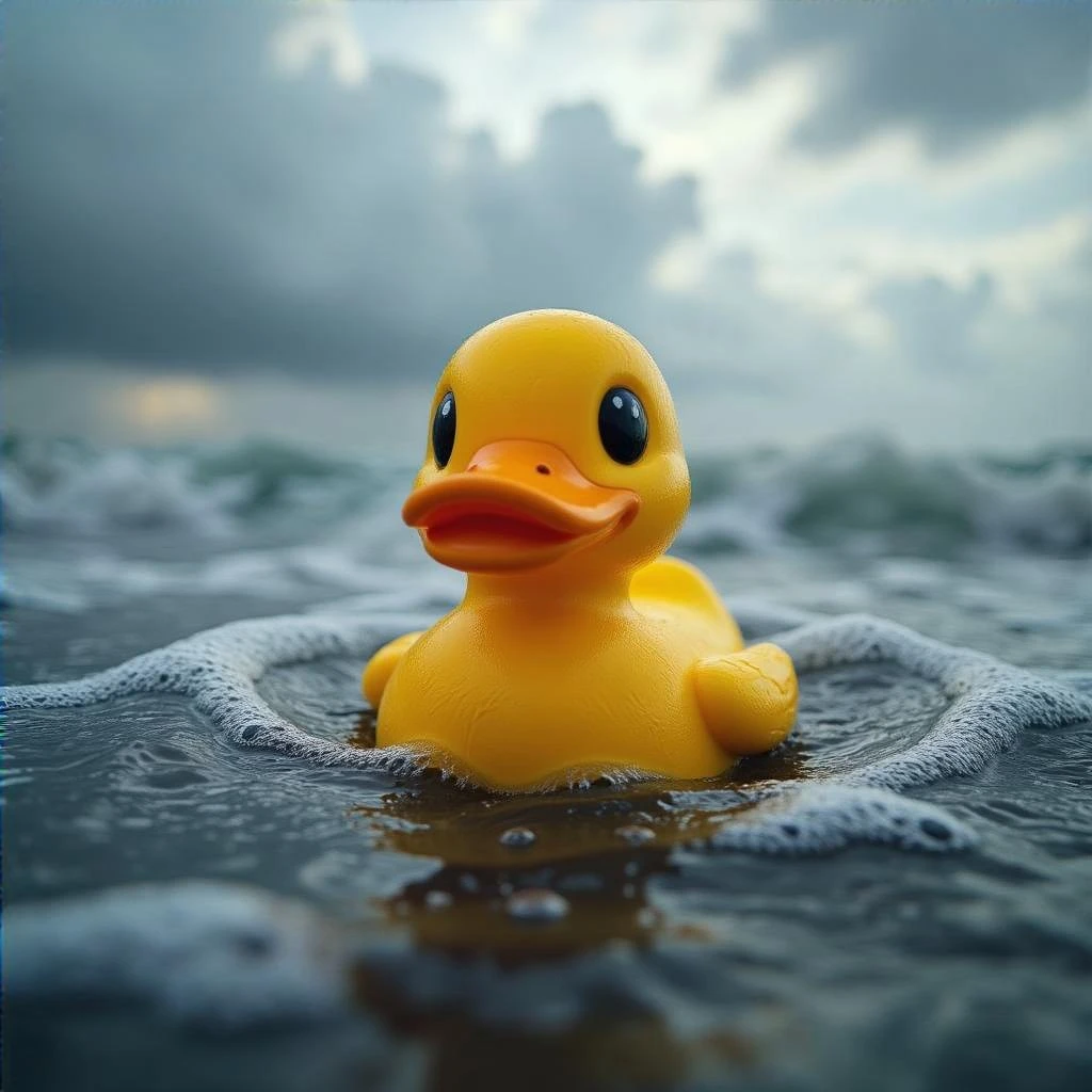  Cinematic still, Extreme Closeup shot of Yellow duck toy on ocean during cloudy day, stormy sea, Camera from top, inspired by interstellar emoji
