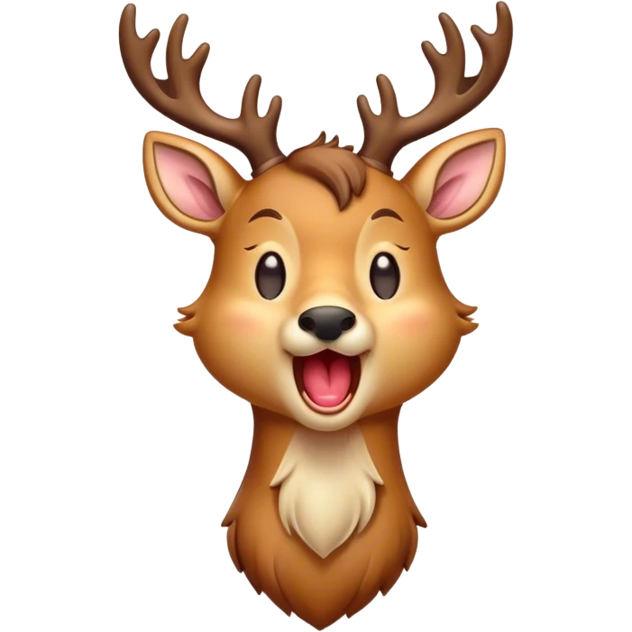 Cinematic Cute Yawning Deer Portrait Emoji, Head tilted slightly with a dramatic, wide-open yawn, revealing a soft, dappled Fur and elegantly drooping ears, eyes barely open in drowsy contentment, Simplified yet irresistibly adorable features, highly detailed, glowing with a soft, cozy glow, high shine, relaxed yet expressive, stylized with a touch of natural whimsy, bright and endearing, soft glowing outline, capturing the essence of a sleepy yet affectionate deer, so drowsy it feels like it could stretch right out of the screen and curl up for a nap! emoji