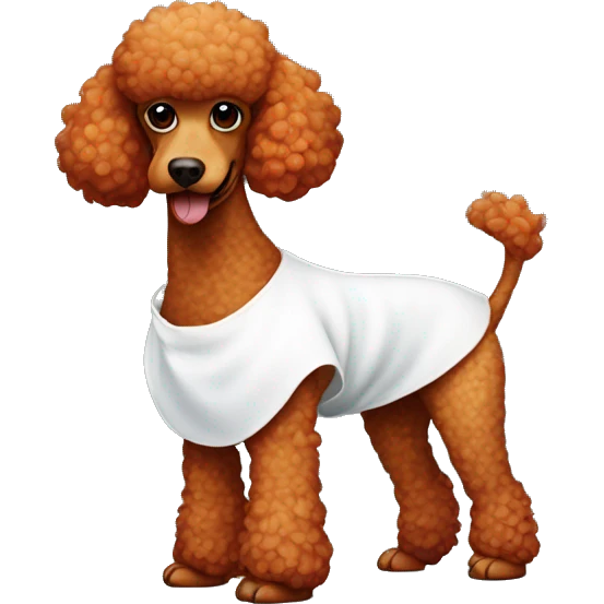 Red poodle in a white dress with a small dinosaur  emoji