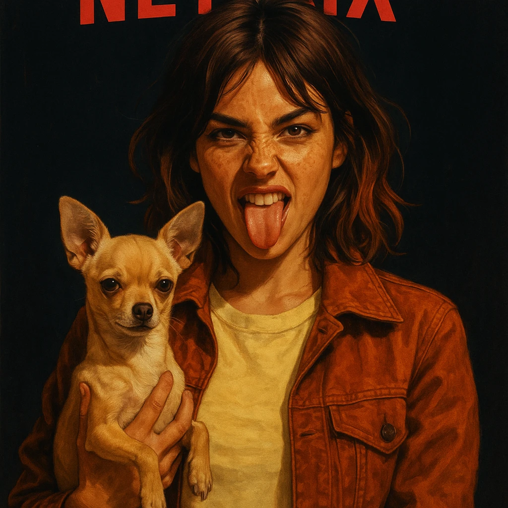 Rebellious and playful woman with tanned skin, freckles, pale yellow shirt #FFF8CA, rust jacket, medium-length brown auburn hair, holding a beige-brown chihuahua, Netflix poster style, dark background. emoji