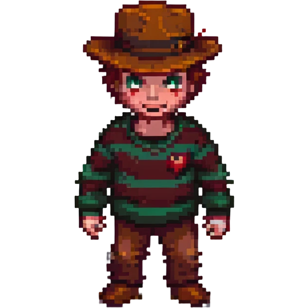 Freddy Krueger in pixel art style, menacing pose, classic striped sweater emoji