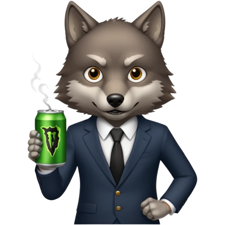 wolf in business suit, holding one monster energy can, with brown eyes  emoji