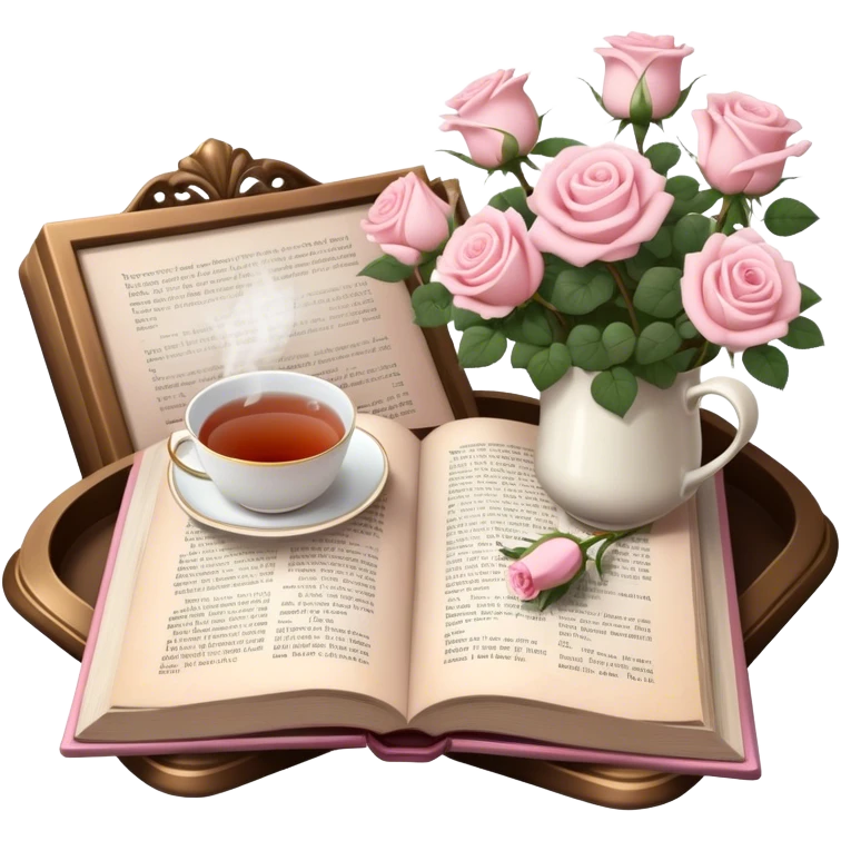 A cozy reading nook with an open book, a steaming cup of tea, and a bouquet of pale pink roses. emoji