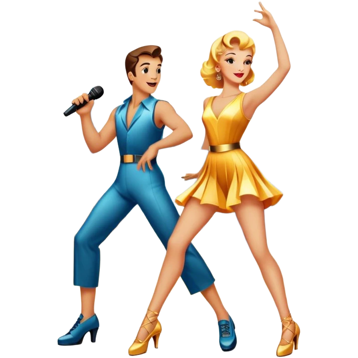 Vintage movie poster-style icon for a musical film. The cityscape glows in the background, evoking the golden era of musicals. A vibrant street scene with bright lights, dancers mid-step, a singer with a microphone among the skyscrapers. Transparent background. emoji