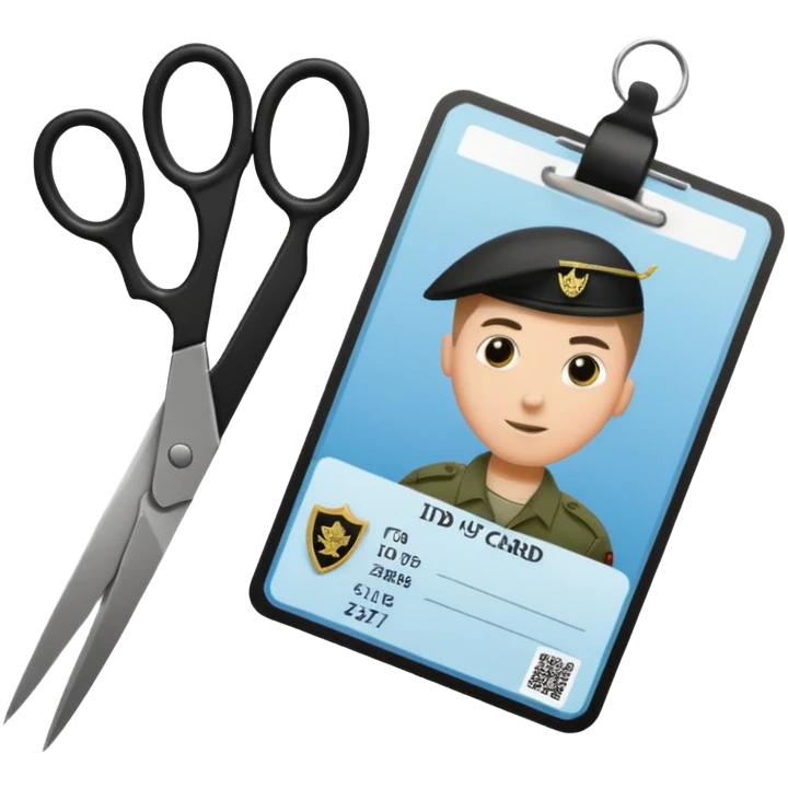 Floating black Scissors cutting in half an idf soldier ID card with a little chip in 2 parts emoji