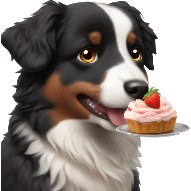 Small black australian shepherd dog eating dessert  emoji
