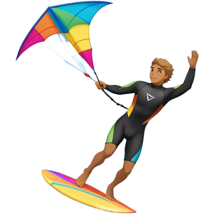 A kite surfer gliding across the ocean, with a colorful kite soaring high in the sky and the surfer carving through the waves. The scene captures the energy and freedom of the sport, with the sun shining and the ocean's waves splashing around. emoji