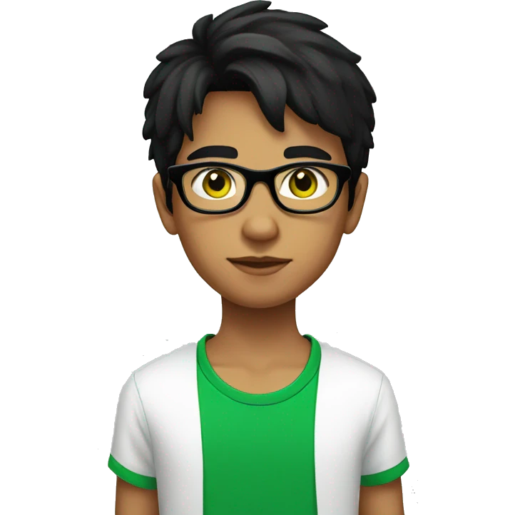 Young boy with black hair green eyes and black glasses wearing a white T-shirt emoji