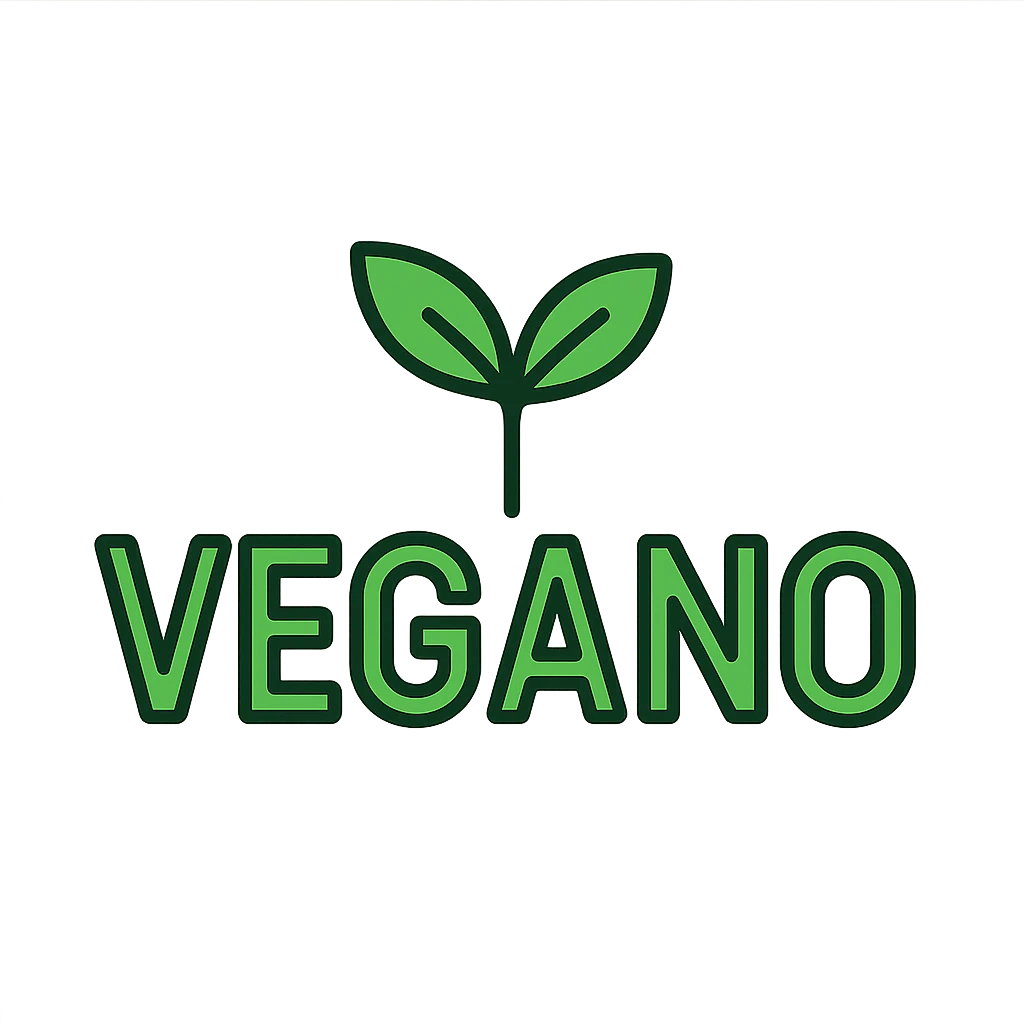 the word VEGANO in a clean sans-serif font, with a green color palette and a small sprout or leaf above the letter V emoji