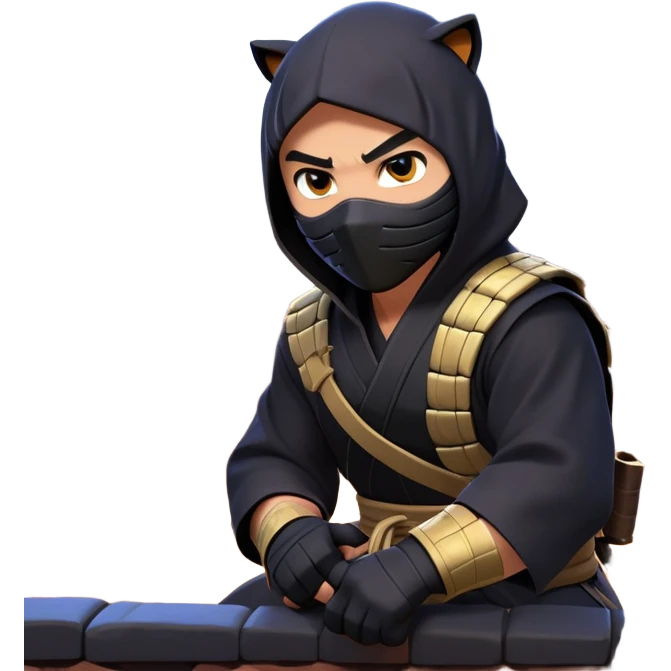 clash-of-clans-aesthetic_-cinematic-mysterious-male-ninja-portrait-emoji, rendered in a flat, vector-style with minimal shading and bold, simplified shapes, with a head slightly turned revealing intense, focused eyes, perched crouched next to an agile trained panther tiger with glossy fur moving silently through shadowed urban rooftops and moonlit alleyways. emoji