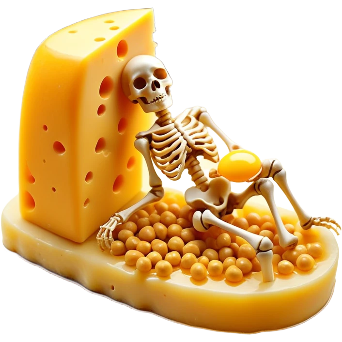 Ethereal pieces of aged cheese, golden egg yolk, and natto floating around a translucent glowing skeleton. Fine rays of golden light flow from the foods to the bones, where small locks open upon contact, guiding calcium like precision keys that prevent accumulation in arteries. emoji