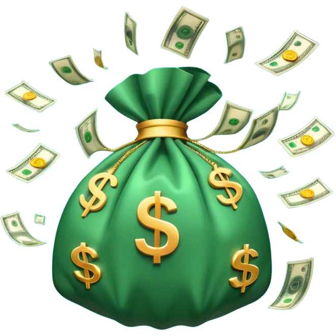 

3D emoji style, big bag of money, flying dollar bills, rich casino vibe, smooth lighting, high detail, clean edges, transparent background



 emoji