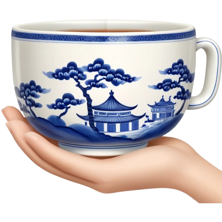hand holding a traditional Chinese blue and white porcelain tea cup without handle emoji