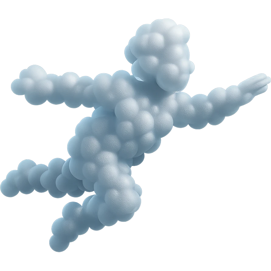 a person flying in the air, entirely made of small very white fluffy clouds, matte glass style, no background, no shadows, no extra details emoji