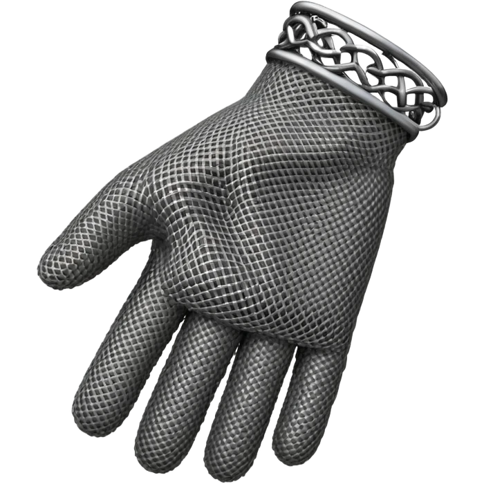 3D render of Butcher’s Glove, made of interlocking chainmail metal rings, wire mesh texture, visible holes and negative space, metallic silver and grey, high contrast shadows, Apple emoji style, isolated on white background --v 6.0. emoji