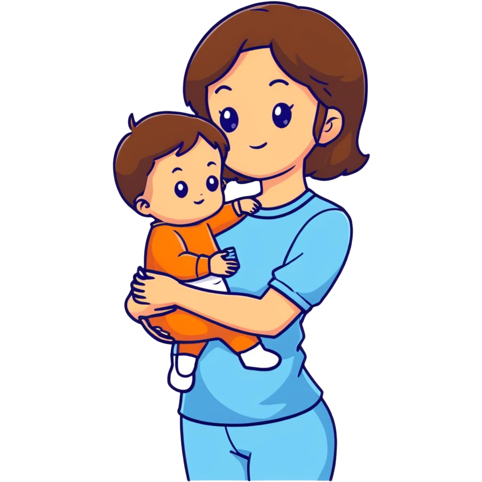 brunette girl with brown hair wearing pastel blue clothes holding a baby emoji