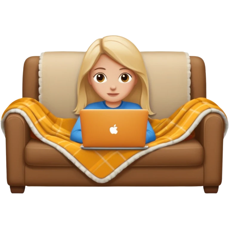 A white girl lies on a sofa under a blanket with a laptop emoji