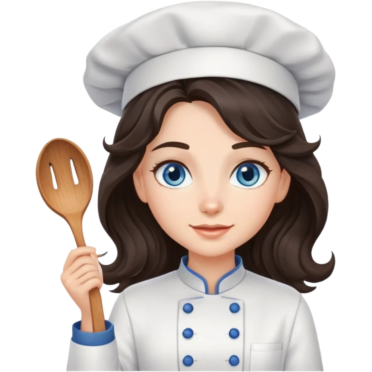 A girl with long, dark brown, wavy hair, grey-blue eyes. He cooks in the clothes of a cook emoji