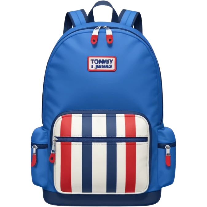 simple blue backpack, at the bottom pocket there is a  logo featuring a Tommy Jeans-inspired logo. The logo looks like a vertical one red, one white. The flag are vertical, not horizontal. Flat

 emoji