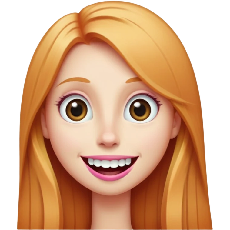 young girl with long straight ginger blonde hair, long face, big eyes, big long nose, big pink mouth with large teeth, exaggerated smile emoji