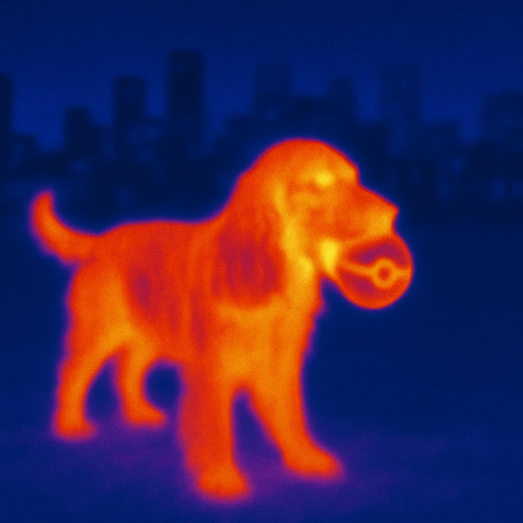Russian Cocker Spaniel playing with a Poké Ball in its mouth with a city background emoji