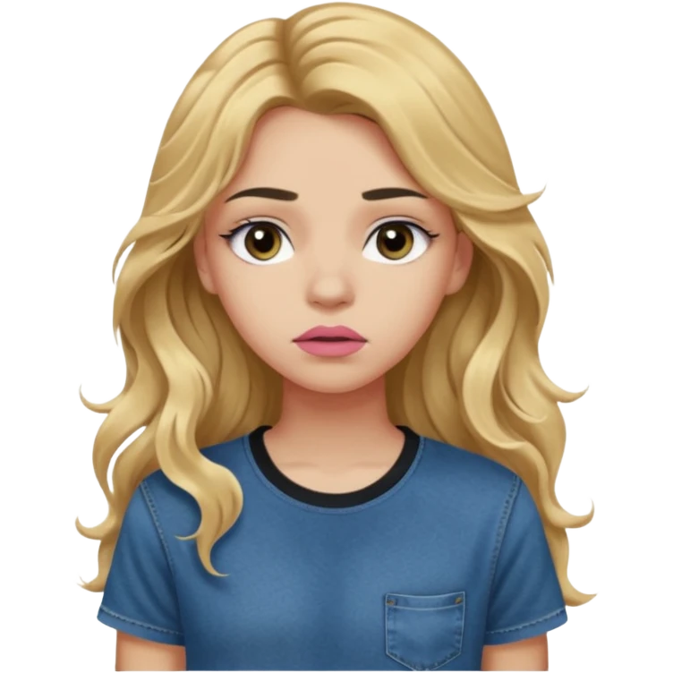 > 14-year-old girl, 161cm, slender, long wavy golden hair, tan skin, full pink lips, long lashes, thick eyebrows, dark blue t-shirt, faded jeans, black sneakers, quiet sadness in her expression, soft moody lighting, ultra-realistic portrait. emoji