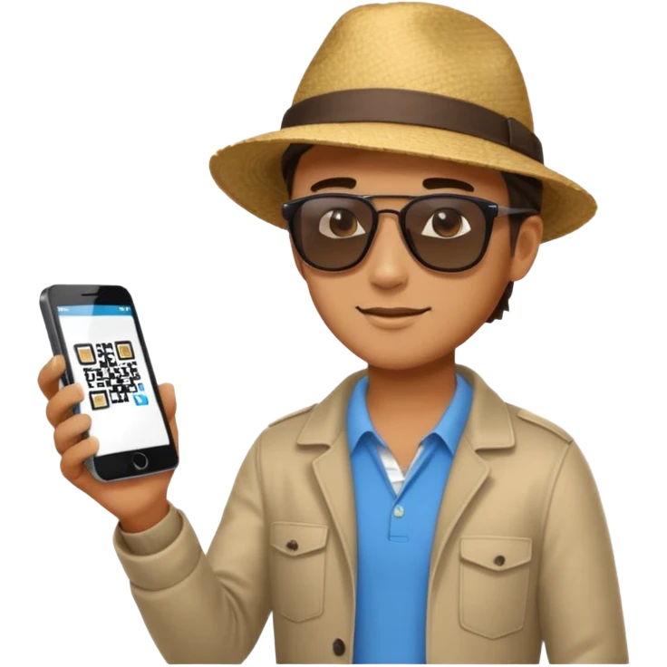 Draw a male tourist who pointed his phone to scan a QR code at a POS terminal for payment. In the style of an Apple emoji emoji