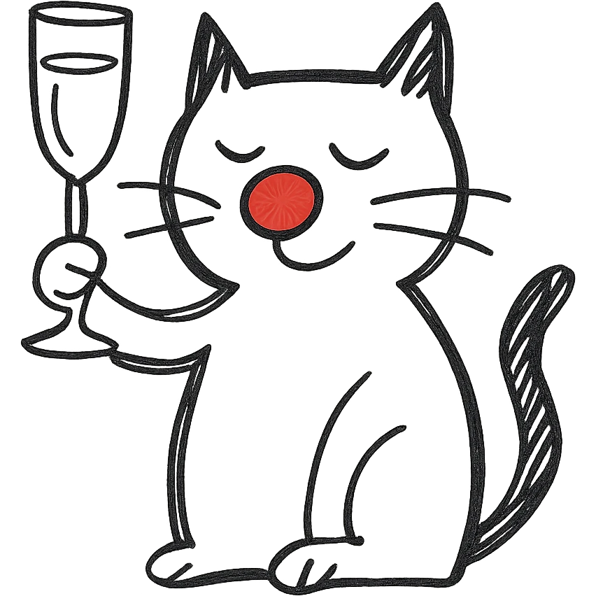 black cat with a red clown nose and a champagne glass, hand-drawn and quirky emoji