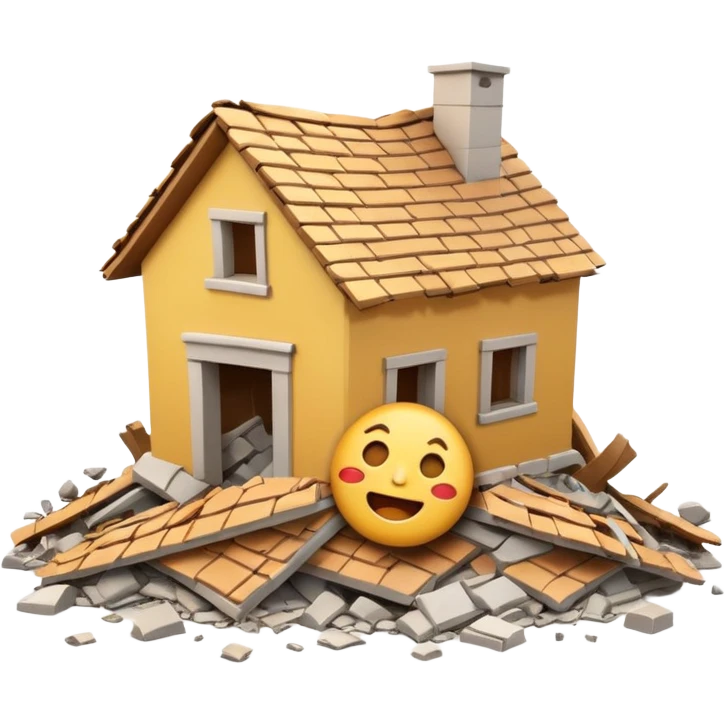 3D iPhone style emoji of a completely destroyed house, heavily damaged, collapsed into rubble, broken walls and roof scattered into debris, isolated on white background, soft shadows, high detail, playful and cute. emoji