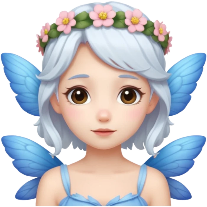 A shy white hair fairy with soft blue wings with flower smallcrown emoji