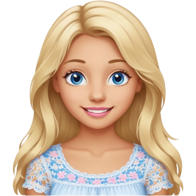 create an emoji of a young woman, tanned face, smile. she has an innocent natural look, messy extremely long blonde hair, blueeyes, natural soft pink lips. she wears a very loose very white lacy top emoji