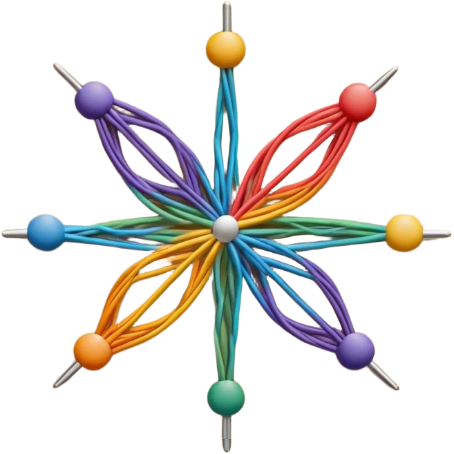 String art icon, colorful threads forming geometric patterns, pins on a board, intricate design, minimalistic style, clean lines, transparent background. emoji