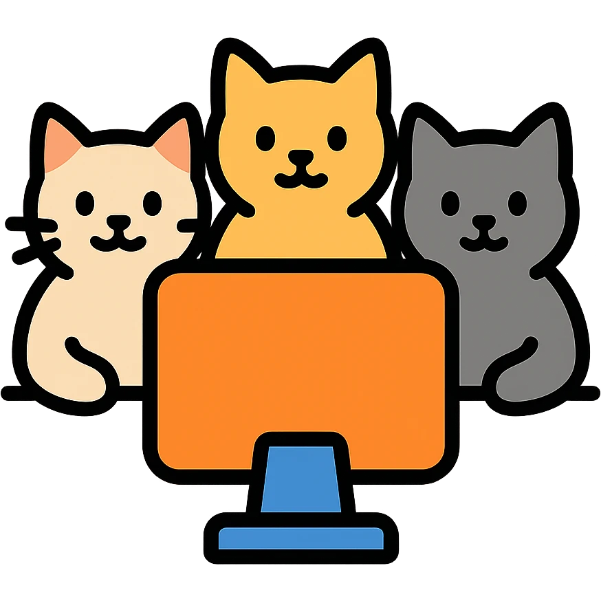 three cats sitting at a computer, color icon style emoji