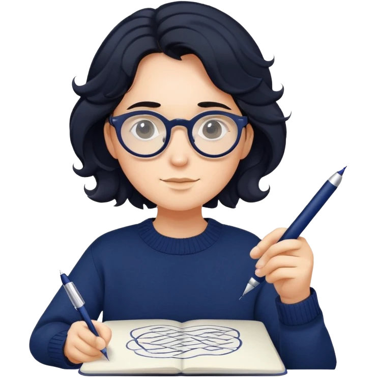 Designer with wavy black hair, round glasses, navy blue sweater, holding a design pen emoji