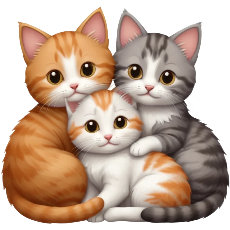 3 very small kittens cuddling together all different colours, the first one is grey and white, the second is ginger and white and the third is brown tabby and white emoji