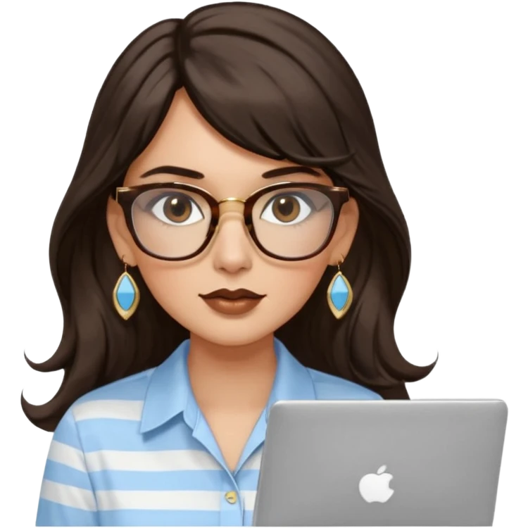 A woman with long wavy dark brown hair and a whispy bang, wearing thick tortoise SQUARE glasses, gold drop earrings. She has long lashes and a nude browny glossy lipstick. She's wearing an oversize light blue shirt with white vertical strips. She's working on a laptop emoji