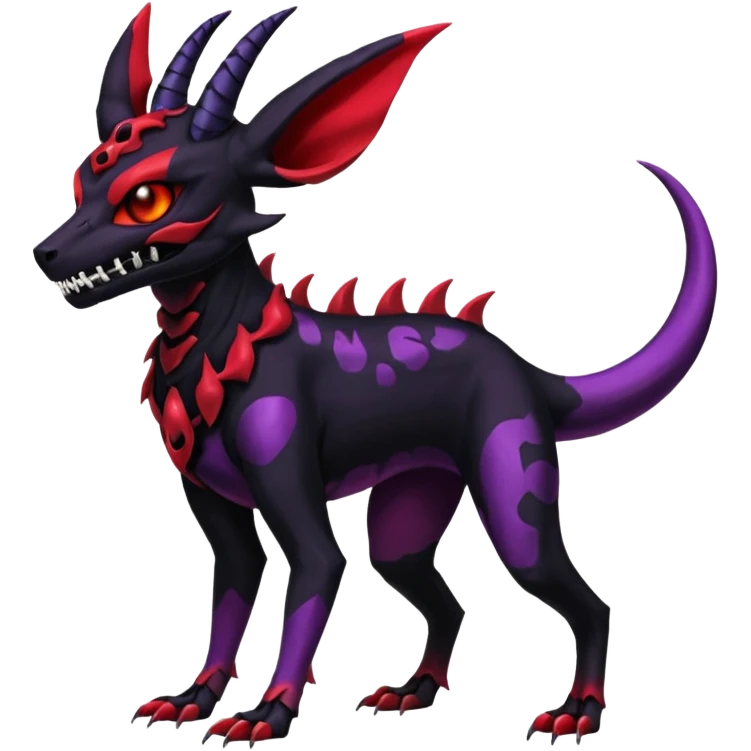 Gothic Black red purple Scaley Exotic Salandit-Umbreon-Noibat-Houndoom-Fakémon-hybrid-creature (full body), 4 legs, skull face mask emoji