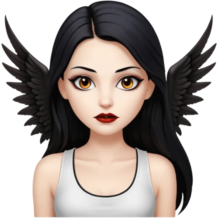White woman with a white tank top long black hair glossy middle part straight long hair vampire look  brown eyes eyeliner winged with lashes top and bottom white border big lips black eyebrows emoji