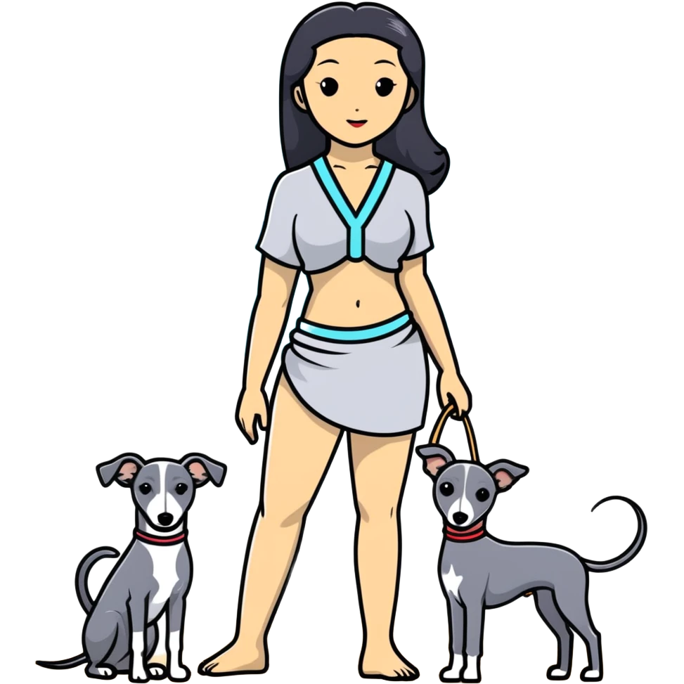 Slim Chinese woman with long black hair in beach attire at the beach with her Italian greyhound that is COMPLETELY solid grey, with absolutely NO white markings on face, snout, or anywhere else, single uniform grey color throughout entire dog body emoji
